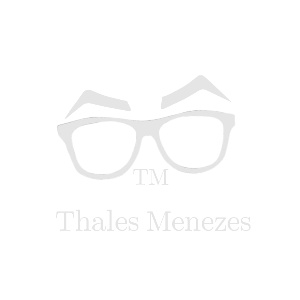Logomarca com sobrancelhas, óculos e texto TM, com subtítulo Thales Menezes