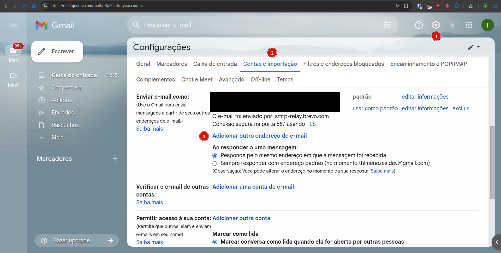 Configurações do Gmail, mostrando aonde acessar opção "Adicionar outro endereço de e-mail"