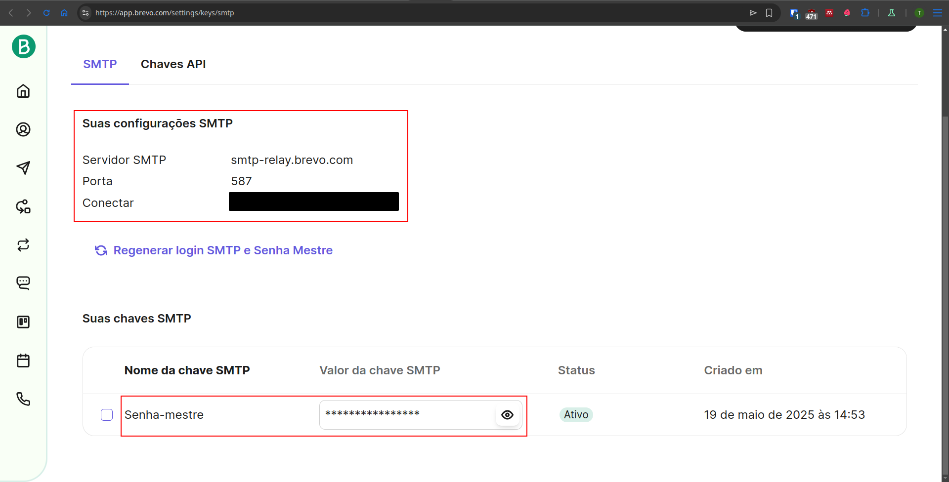 Painel da Brevo mostrando detalhes da configuração SMTP