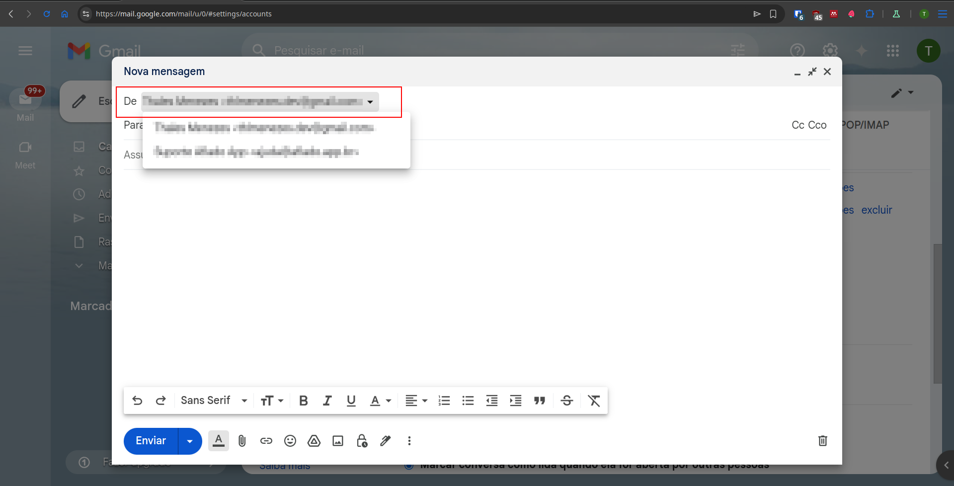 Escrever novo e-mail exibe menu com opções de endereços para o remetente do correio eletrônico