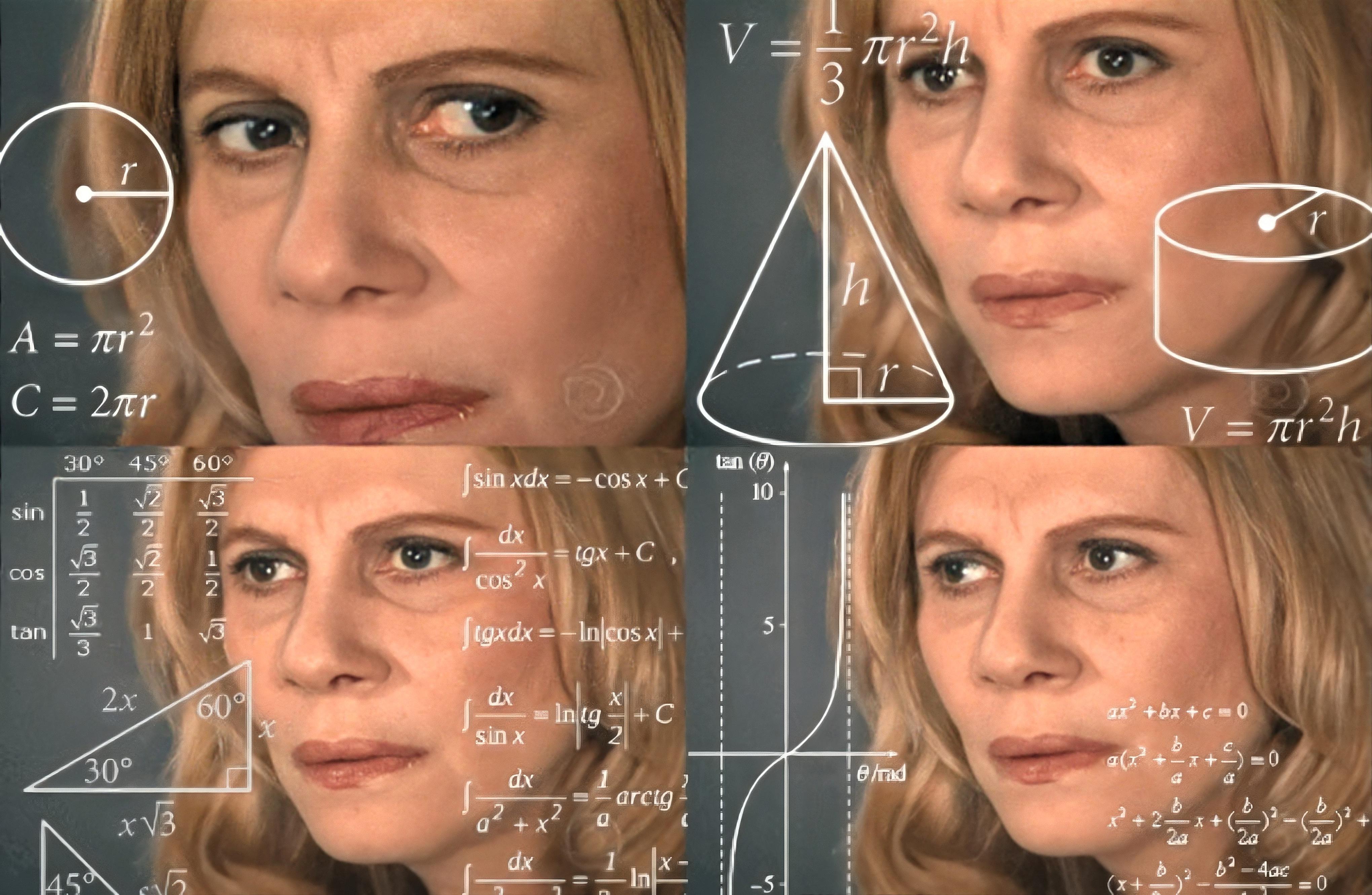 mulher confusa com cálculos matemáticos sobrepostos na tela