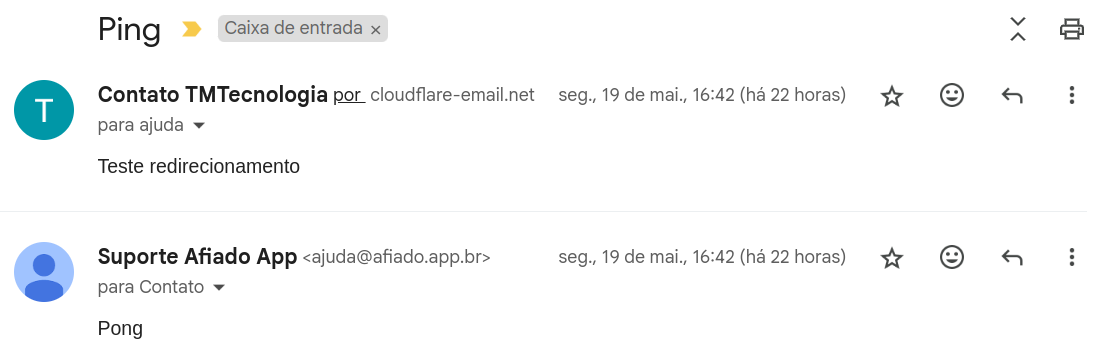 Comunicação eletrônica entre Contato TMTecnologia encaminhado pela Cloudflare e Suporte Afiado App no endereço ajuda@afiado.app.br